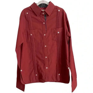Cubavera long sleeve Guayabera Shirt burgundy floral details 80% Cotton kids M